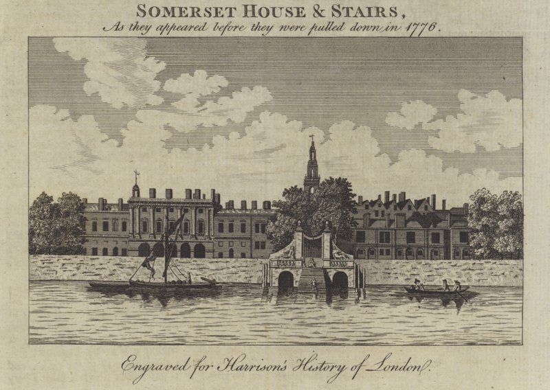 سومرست هاوس وسلالم ، لندن ، كما ظهروا قبل هدمهم في عام 1776 بواسطة مدرسة اللغة الإنجليزية