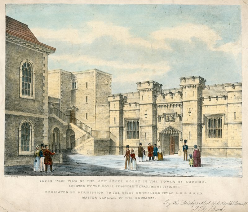 المنظر الجنوبي الغربي لمنزل الجواهر الجديد في برج لندن ، الذي أقيم عام 1840-1841 بواسطة مدرسة اللغة الإنجليزية