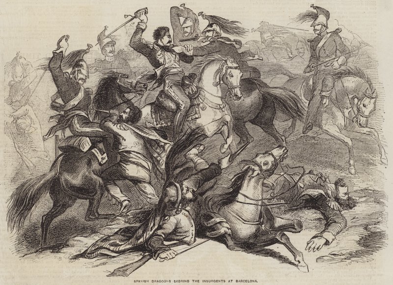 Spanish Dragoons sabring the Insurgents at Barcelona (engraving) بواسطة مدرسة اللغة الإنجليزية