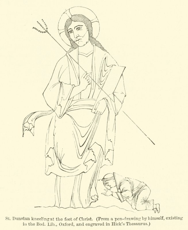 القديس دونستان راكعًا عند قدمي المسيح ، من رسم بالقلم بنفسه ، موجود في بود ليب ، أكسفورد ، ومحفور في قاموس هيك (نقش) بواسطة مدرسة اللغة الإنجليزية