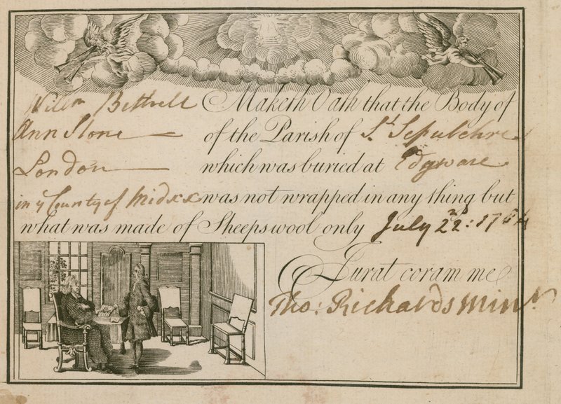 بيان أن آن سلون دفنت في صوف الأغنام ، 1784 بواسطة مدرسة اللغة الإنجليزية