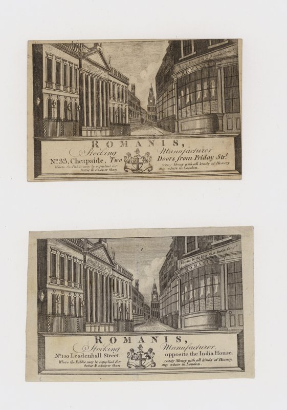 الشركات المصنعة للتخزين ، Romanis ، في Cheapside ثم في شارع Leadenhall ، البطاقة التجارية بواسطة مدرسة اللغة الإنجليزية