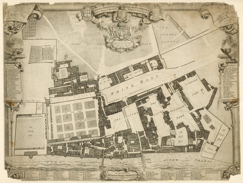 مسح ومؤامرة أرضية للقصر الملكي في وايتهول ، 1680 ، مع المساكن والشقق التابعة لأصحاب الجلالة بواسطة مدرسة اللغة الإنجليزية