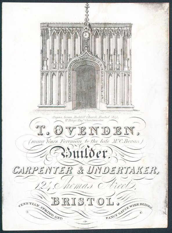 T Ovenden، Builder، Carpenter and Undertaker، البطاقة التجارية بواسطة مدرسة اللغة الإنجليزية
