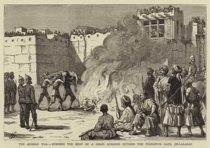 The Afghan War, burning the Body of a Ghazi Assassin outside the Peshawur Gate, Jellalabad (engraving) بواسطة مدرسة اللغة الإنجليزية