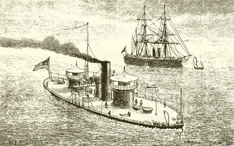 السفينة الحربية الأمريكية ذات البرجين Miantonoma و Ironclad بواسطة مدرسة اللغة الإنجليزية