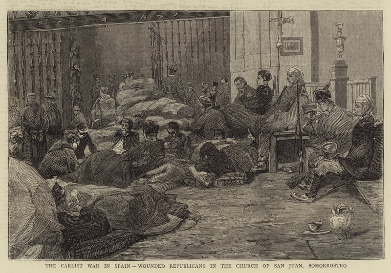 The Carlist War in Spain, Wounded Republicans in the Church of San Juan, Somorrostro (engraving) بواسطة مدرسة اللغة الإنجليزية