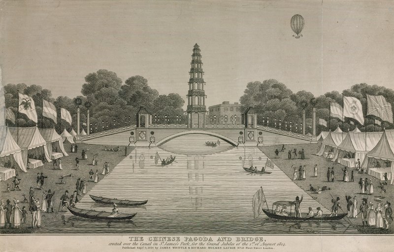 المعبد الصيني والجسر الذي نصب فوق القناة في حديقة سانت جاميس لليوبيل الكبير ، 1814 بواسطة مدرسة اللغة الإنجليزية