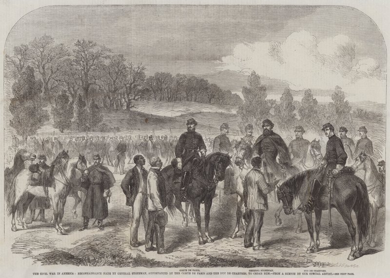الحرب الأهلية في أمريكا ، الاستطلاع الذي قام به الجنرال ستونمان ، برفقة Comte de Paris و Duc de Chartres ، إلى Cedar Run (نقش) بواسطة مدرسة اللغة الإنجليزية