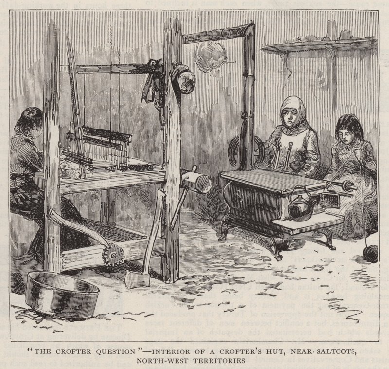 "The Crofter Question"، Interior of a Crofter's Hut، بالقرب من Saltcots ، الأقاليم الشمالية الغربية (نقش) بواسطة مدرسة اللغة الإنجليزية