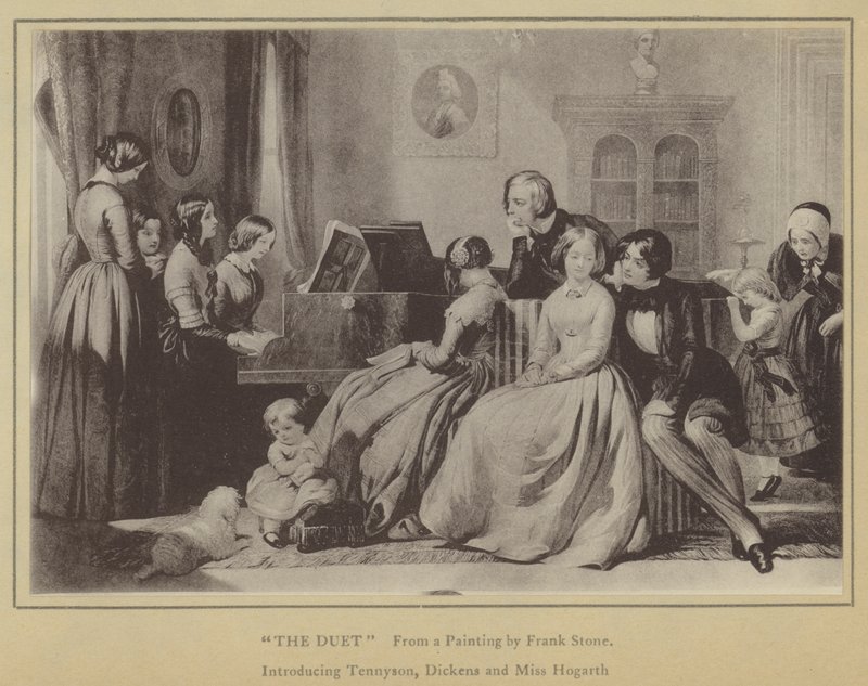 The Duet, from a Painting by Frank Stone, introducing Tennyson, Dickens and Miss Hogarth (litho) بواسطة مدرسة اللغة الإنجليزية