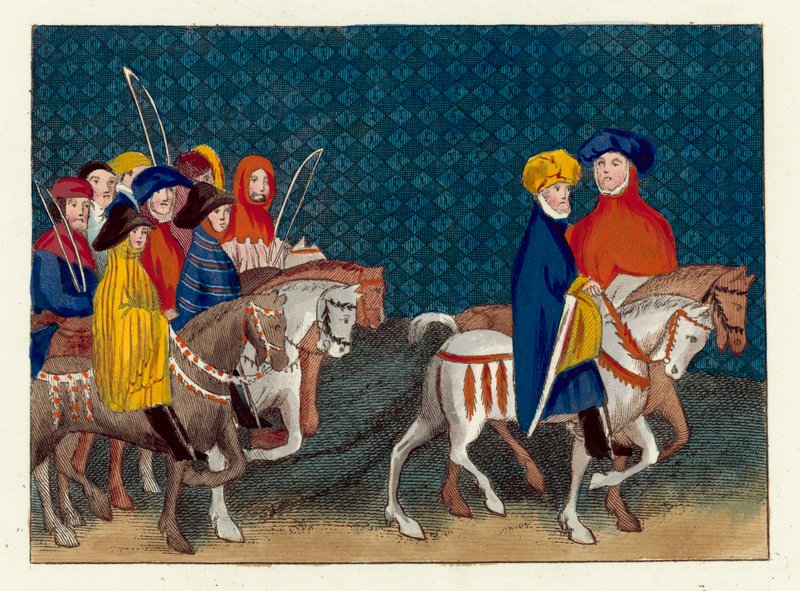 أرسلت سفارة الملك ريتشارد الثاني إلى دوق لانكستر (نقش ملون) بواسطة مدرسة اللغة الإنجليزية