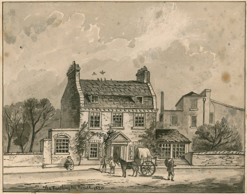 The Farthing Pie House ، لندن ، الرسم الأصلي بتاريخ 1820 (مرحاض على ورق) بواسطة مدرسة اللغة الإنجليزية