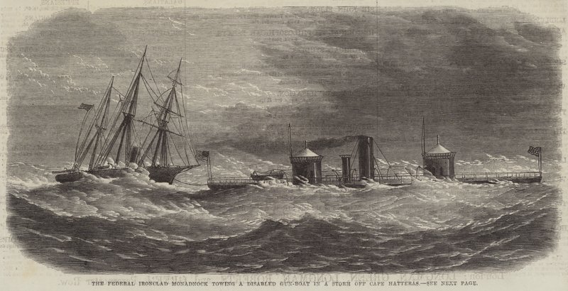 The Federal Ironclad Monadnock يجر زورقًا معطلًا في عاصفة قبالة كيب هاتيراس (نقش) بواسطة مدرسة اللغة الإنجليزية