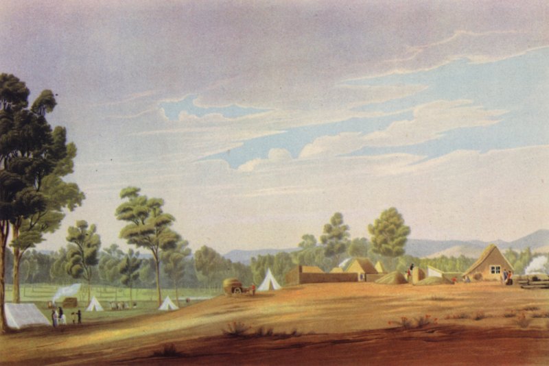 الموقع الأول لأديلايد ، جنوب أستراليا ، c1837 (لون ليثو) بواسطة مدرسة اللغة الإنجليزية
