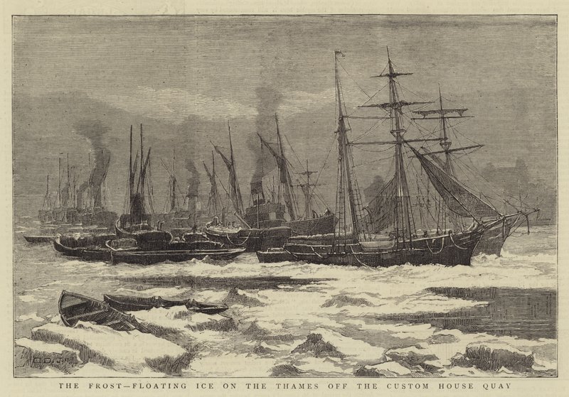 The Frost, floating Ice on the Thames off the Custom House Quay (engraving) بواسطة مدرسة اللغة الإنجليزية