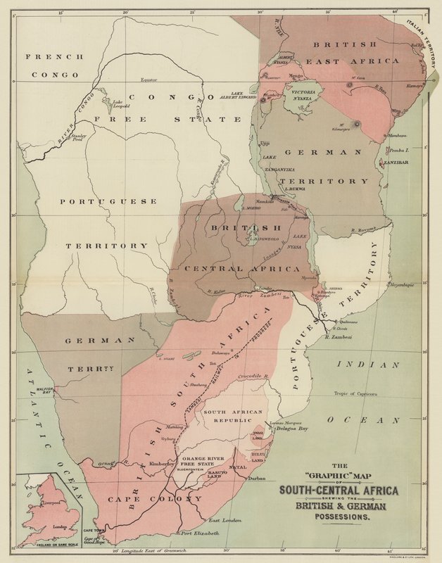 The Graphic Map of South-Central Africa shewing the British and German Possessions (colour litho) بواسطة مدرسة اللغة الإنجليزية