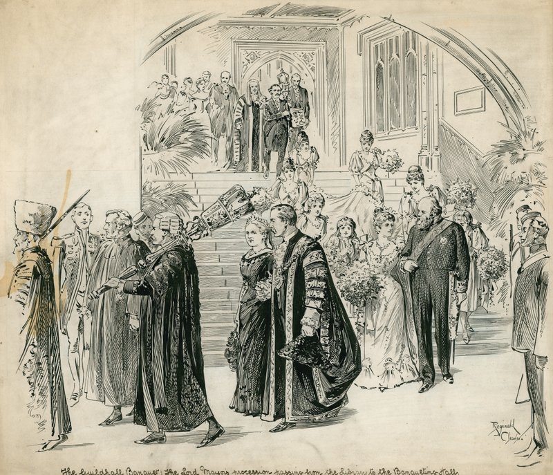 The Guildhall ، لندن ، مأدبة: موكب لورد مايورز يمر من المكتبة إلى قاعة الولائم بواسطة مدرسة اللغة الإنجليزية