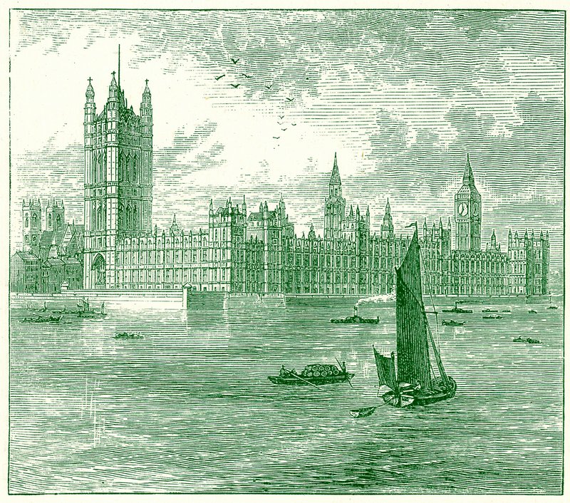 دور البرلمان ودير وستمنستر ، توضيح من العالم كما هو من قبل جورج تشيسولم ، تم نشره عام 1885 (صورة محسنة رقميًا) بواسطة مدرسة اللغة الإنجليزية