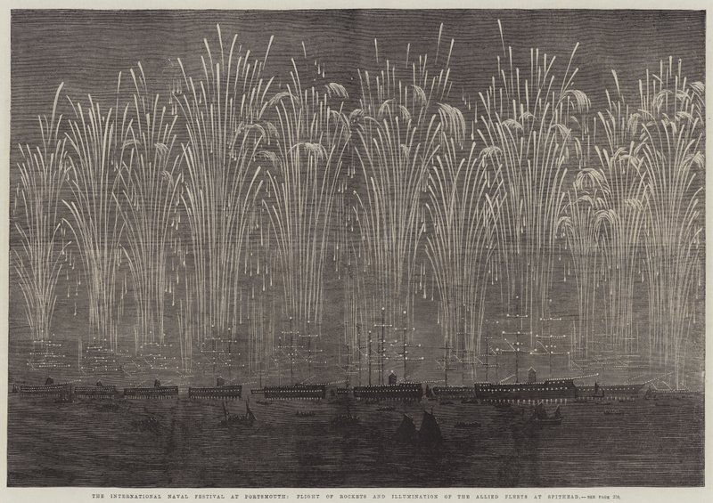 The International Naval Festival at Portsmouth, Flight of Rockets and Illumination of the Allied Fleets at Spithead (engraving) بواسطة مدرسة اللغة الإنجليزية