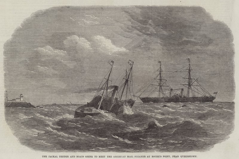 سوف يلتقي Jackal Tender and Boats مع American Mail Steamer في Roche's Point ، بالقرب من كوينزتاون (نقش) بواسطة مدرسة اللغة الإنجليزية