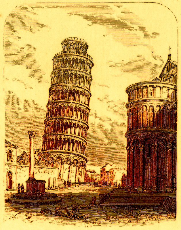 البرج المائل و Apsis of the Cathedral ، بيزا ، رسم توضيحي من العالم كما هو من قبل جورج تشيشولم ، تم نشره عام 1885 (صورة محسنة رقميًا) بواسطة مدرسة اللغة الإنجليزية