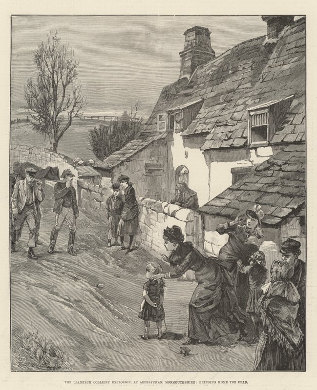 انفجار منجم Llanerch ، في Abersychan ، Monmouthshire ، جلب الموتى إلى المنزل (نقش) بواسطة مدرسة اللغة الإنجليزية