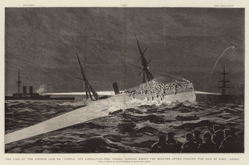 The Loss of the Anchor Line SS "Utopia" off Gibraltar, the Vessel sinking about Ten Minutes after fouling the Ram of HMS "Anson" (engraving) بواسطة مدرسة اللغة الإنجليزية