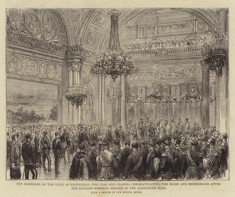 The Marriage of the Duke of Edinburgh, the Czar and Czarina congratulating the Bride and Bridegroom after the English Wedding Service in the Alexander Hall (engraving) بواسطة مدرسة اللغة الإنجليزية