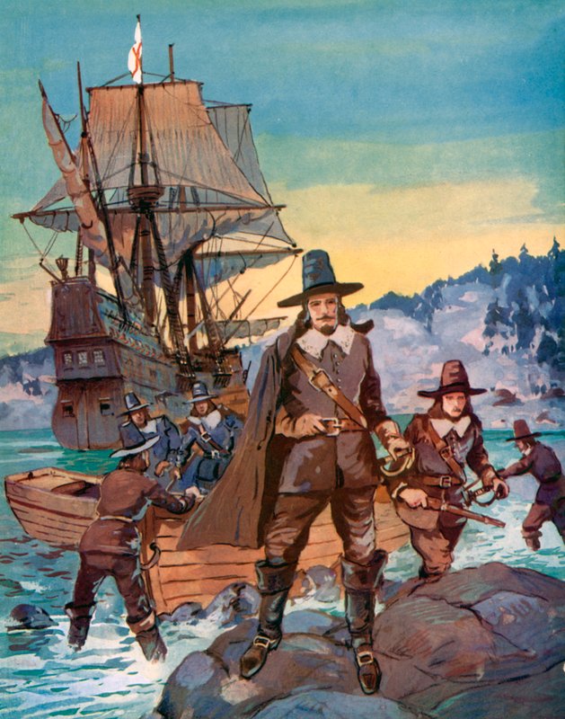 The Mayflower and the Pilgrim Fathers (colour litho) بواسطة مدرسة اللغة الإنجليزية
