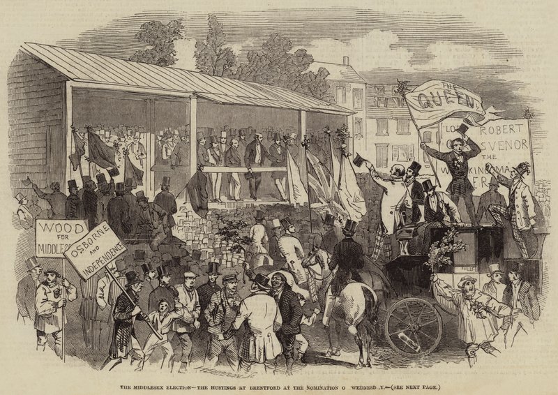 The Middlesex Election, the Hustings at Brentford at the Nomination on Wednesday (engraving) بواسطة مدرسة اللغة الإنجليزية