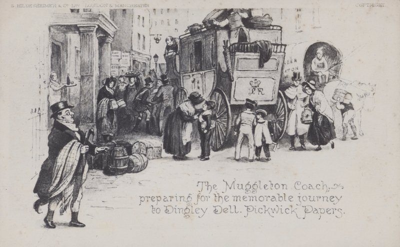 The Muggleton Coach, preparing for the memorable journey to Dingley Dell, Pickwick Papers (b/w photo) بواسطة مدرسة اللغة الإنجليزية