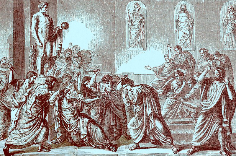 مقتل يوليوس قيصر ، رسم توضيحي من تاريخ العالم المصور ، تم نشره عام 1880 (صورة محسنة رقميًا) بواسطة مدرسة اللغة الإنجليزية