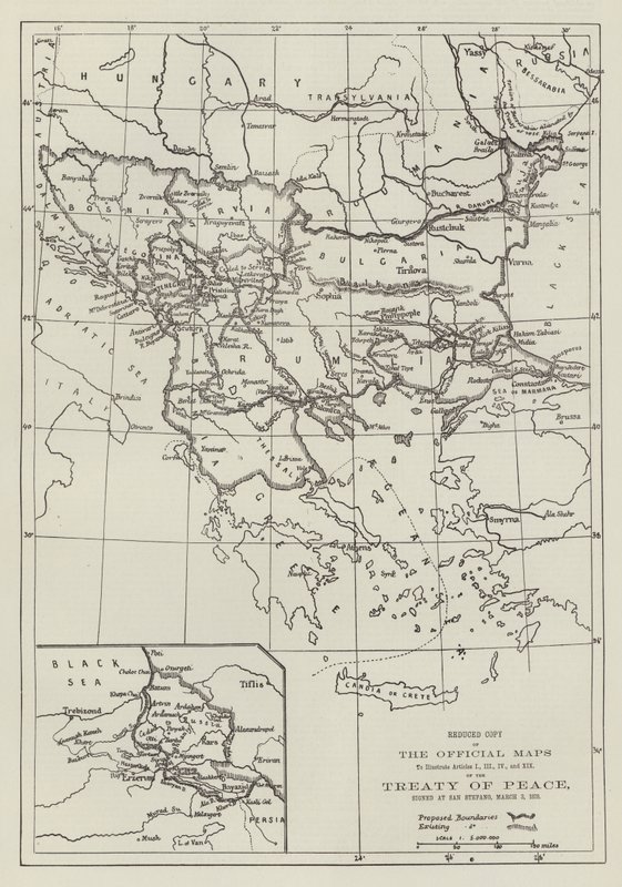 الخرائط الرسمية لمعاهدة السلام ، الموقعة في سان ستيفانو ، 3 مارس 1878 (نقش) بواسطة مدرسة اللغة الإنجليزية