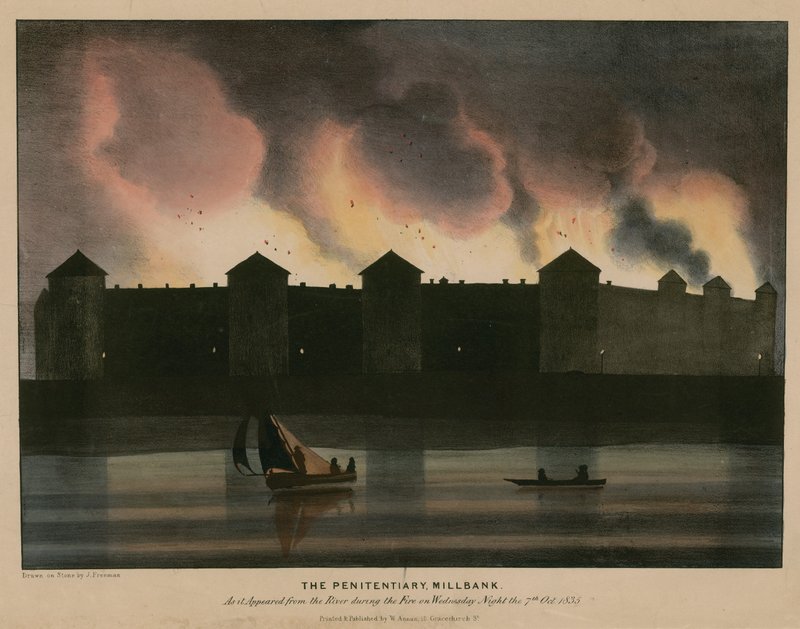 السجن ، ميلبانك ، لندن ، كما ظهر من النهر أثناء الحريق في ليلة 7 أكتوبر 1835 بواسطة مدرسة اللغة الإنجليزية