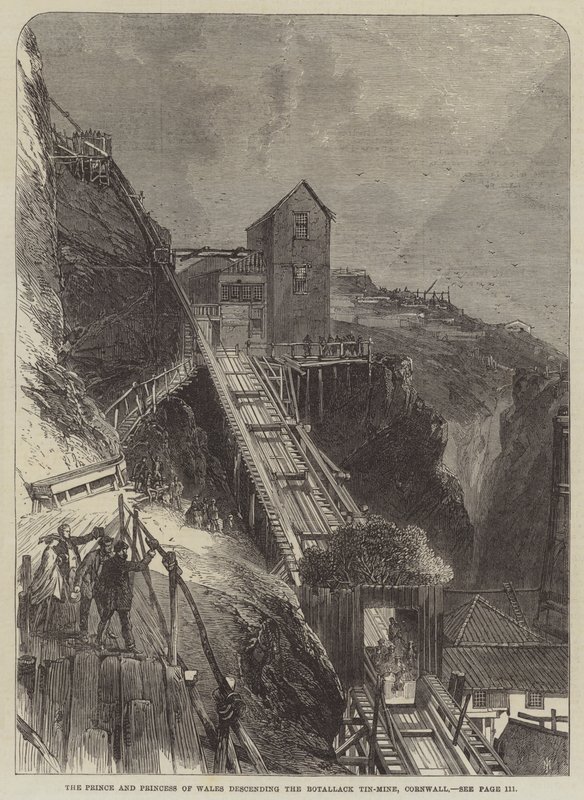 أمير وأميرة ويلز ينزلان من منجم Botallack Tin-Mine ، كورنوال (نقش) بواسطة مدرسة اللغة الإنجليزية