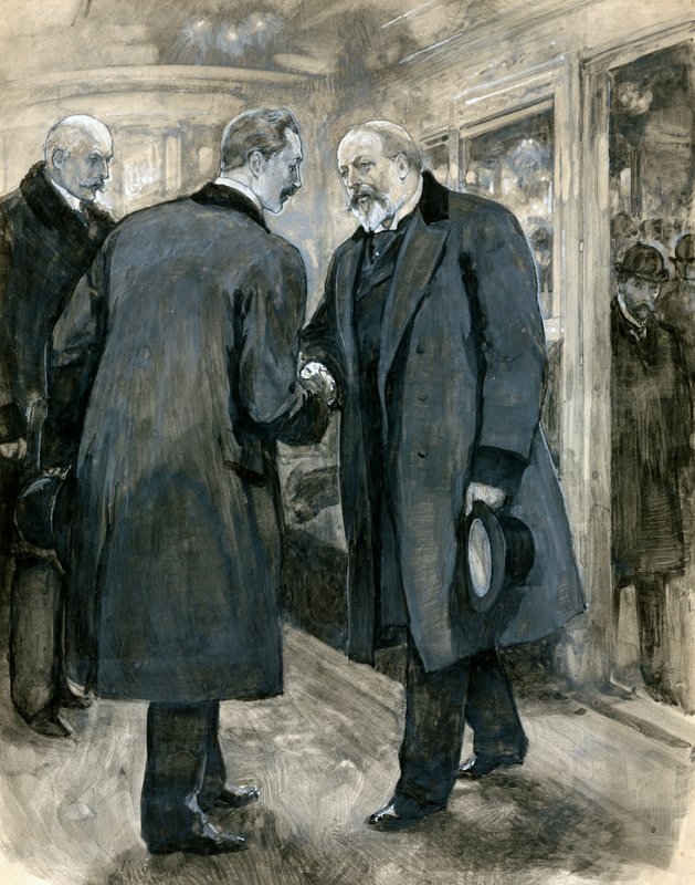 أمير ويلز يحيي الإمبراطور الألماني ، محطة تشارينغ كروس ، 20 يناير 1901 (مرحاض على ورق) بواسطة مدرسة اللغة الإنجليزية