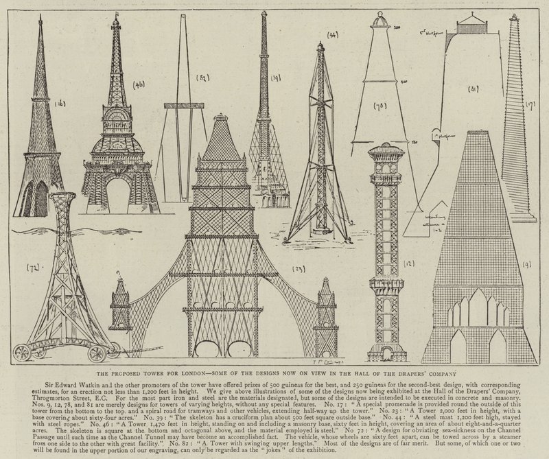 البرج المقترح للندن ، بعض التصاميم معروضة الآن في Hall of the Drapers 'Company (نقش) بواسطة مدرسة اللغة الإنجليزية