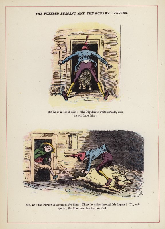 The Puzzled Peasant and the Runaway Porker (colour litho) بواسطة مدرسة اللغة الإنجليزية