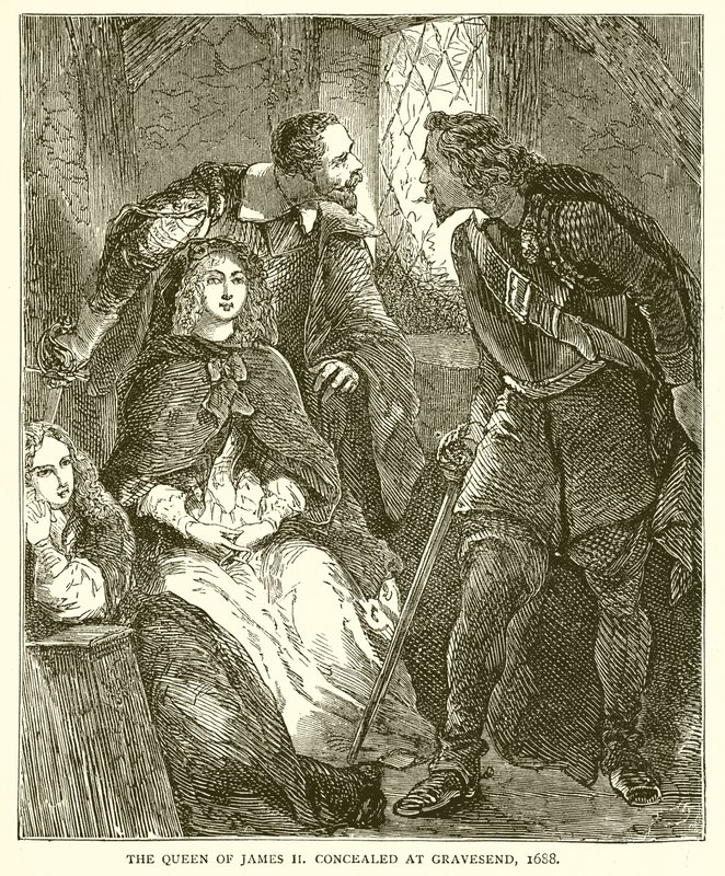ملكة جيمس الثانية مخفية في Gravesend ، 1688 بواسطة مدرسة اللغة الإنجليزية