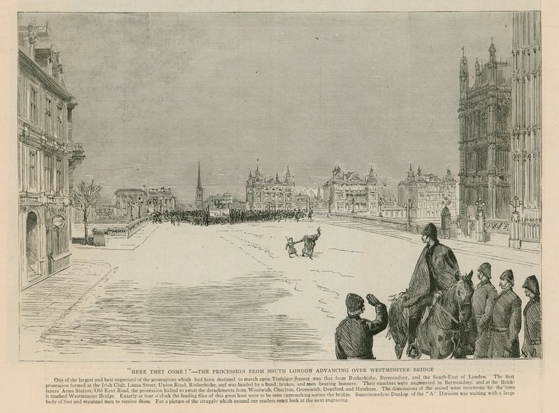 The Riot in Trafalgar Square: ها هم يأتون - موكب من جنوب لندن يتقدم على جسر وستمنستر بواسطة مدرسة اللغة الإنجليزية