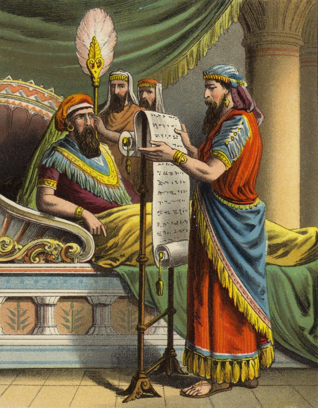 قصة الملكة إستر: الملك أحشويروش يسمع لمردخاي في كتاب السجلات (لون ليثو) بواسطة مدرسة اللغة الإنجليزية
