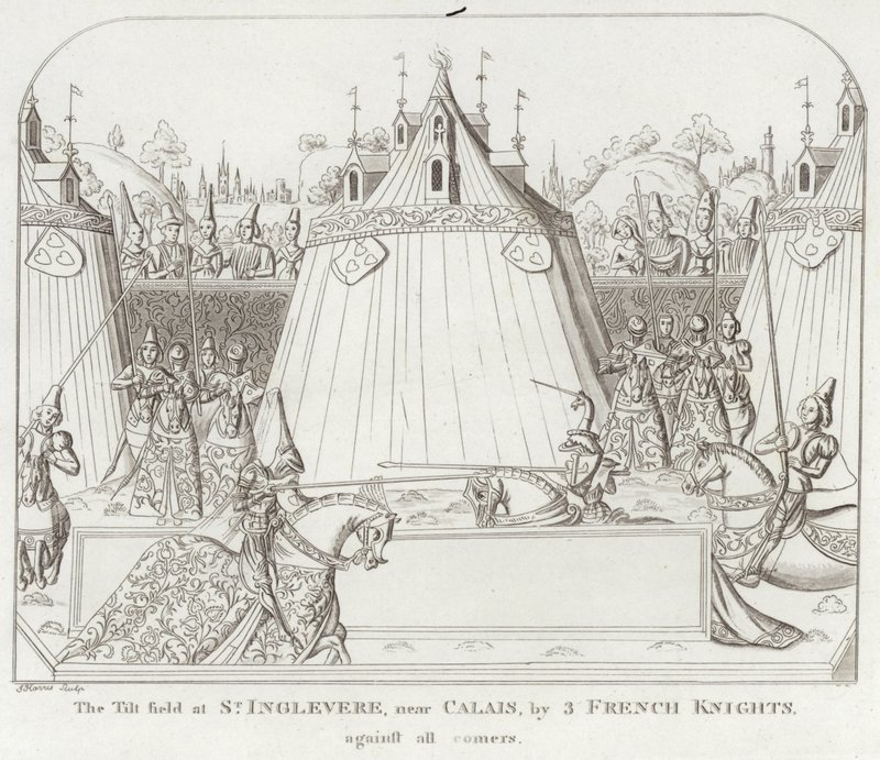 Tilt Field في St. Inglevere ، بالقرب من Calais ، بواسطة 3 French Knights ، ضد جميع القادمين بواسطة مدرسة اللغة الإنجليزية