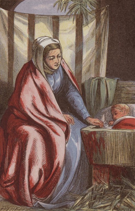مريم العذراء تراقب مخلّص الرضيع النائم (نقش ملون) بواسطة مدرسة اللغة الإنجليزية