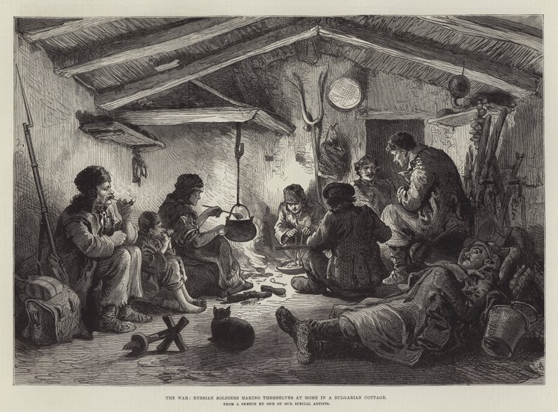 الحرب ، الجنود الروس يجعلون أنفسهم في منزلهم في كوخ بلغاري (نقش) بواسطة مدرسة اللغة الإنجليزية