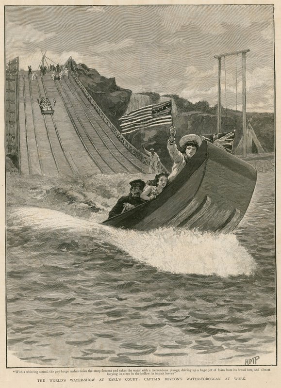 عرض المياه في العالم في إيرلز كورت ، لندن ؛ الكابتن Boytons Water Toboggan في العمل بواسطة مدرسة اللغة الإنجليزية