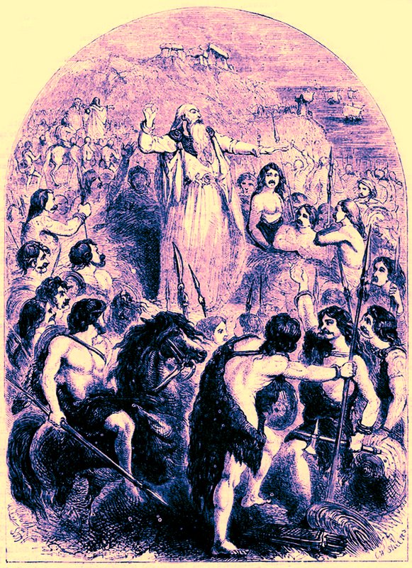 يحرض الكاهن البريطانيين على معارضة هبوط الرومان ، رسم توضيحي من Cassells Illustrated Universal History بواسطة إدوارد أولييه ، نشر عام 1890 (صورة محسنة رقميًا) بواسطة مدرسة اللغة الإنجليزية