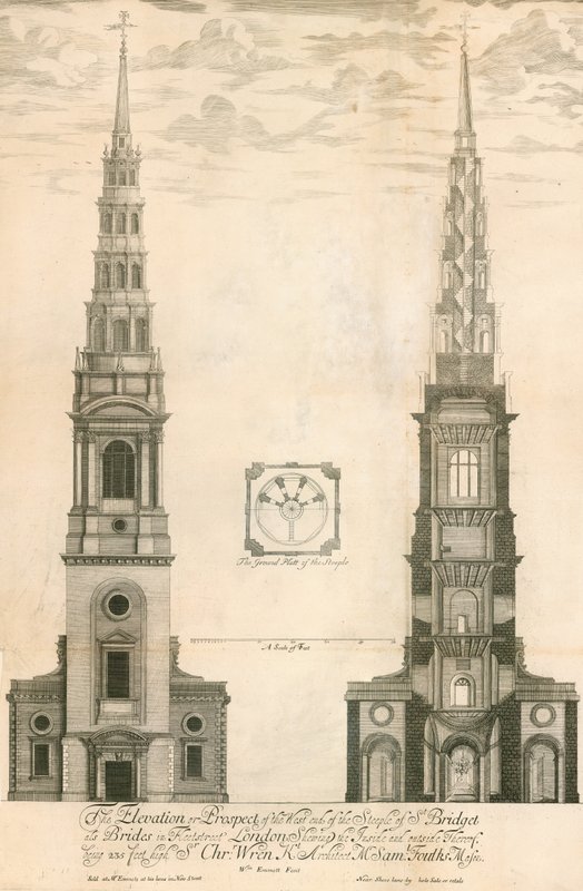 ارتفاع واحتمال الطرف الغربي من برج كنيسة St Brides في شارع فليت ، لندن بواسطة مدرسة اللغة الإنجليزية