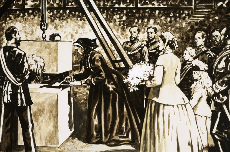 افتتاح قاعة ألبرت هول من قِبل الملكة فيكتوريا المتقدمة في العمر في عام 1871 بواسطة مدرسة اللغة الإنجليزية