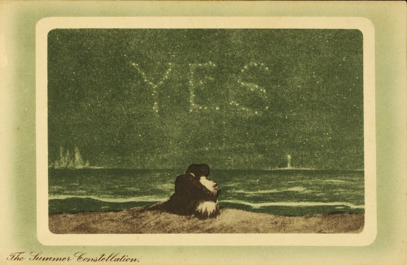 The summer constellations: lovers on a beach at night looking at the stars (colour litho) بواسطة مدرسة اللغة الإنجليزية